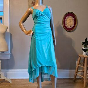 Vintage Y2K Trixxi Midi Dress Mesh Aqua Ruching Fairycore Mermaid Size 6